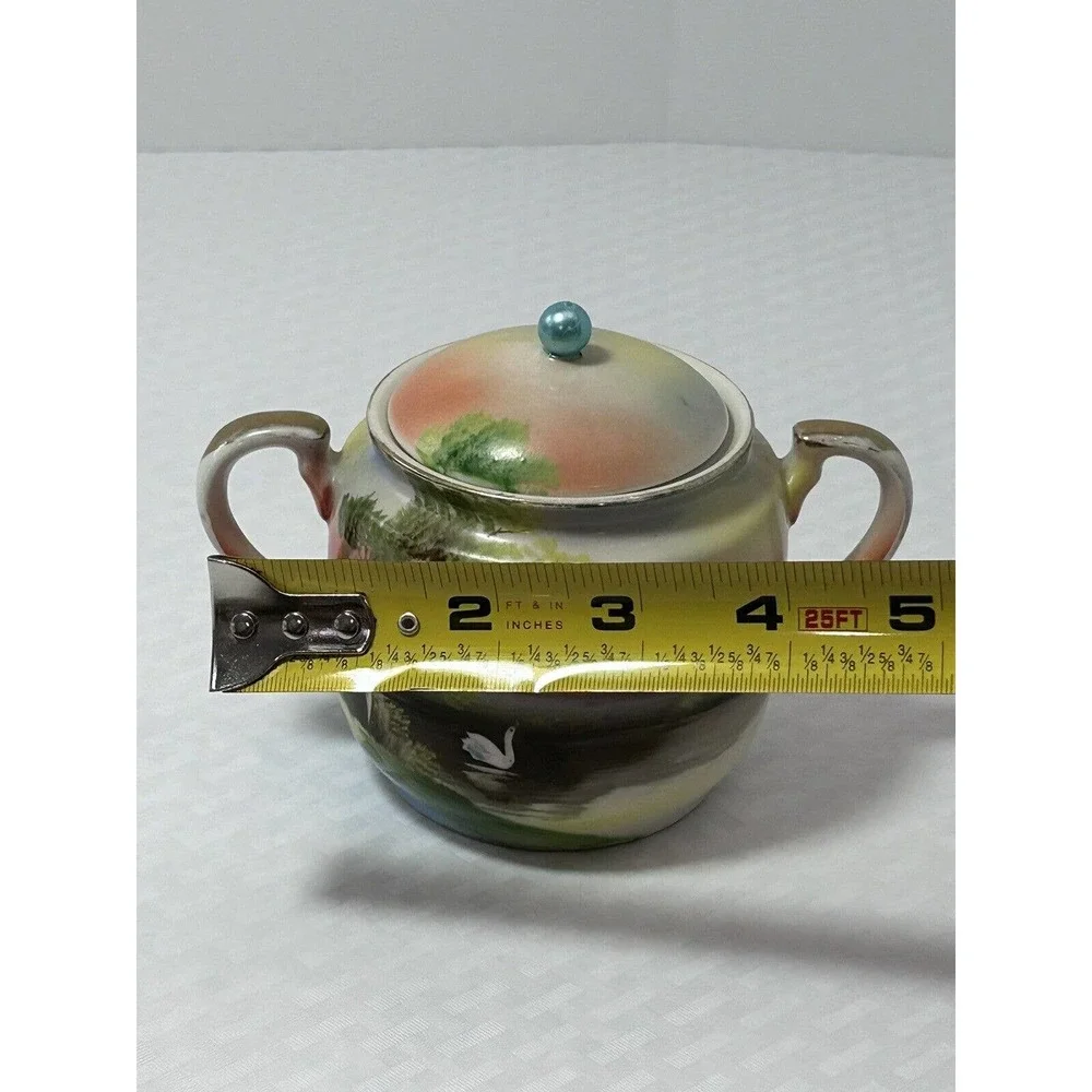 Noritake Hand Painted Vintage Sugar Bowl W/Lid Lake Scene Sunset W/ Swan‎